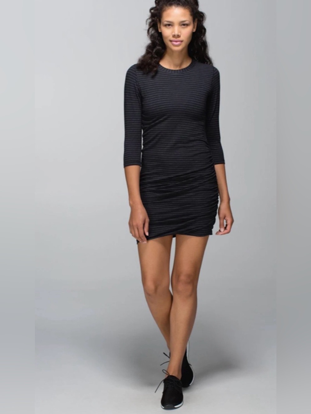 Lululemon Anytime Dress  Approx 8 Classic Stripe Gray Black Ruched Pima Cotton